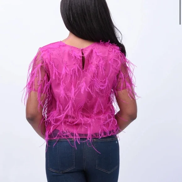 Bright Pink Feather-Trim Short Sleeve Top - Picture 2 of 4